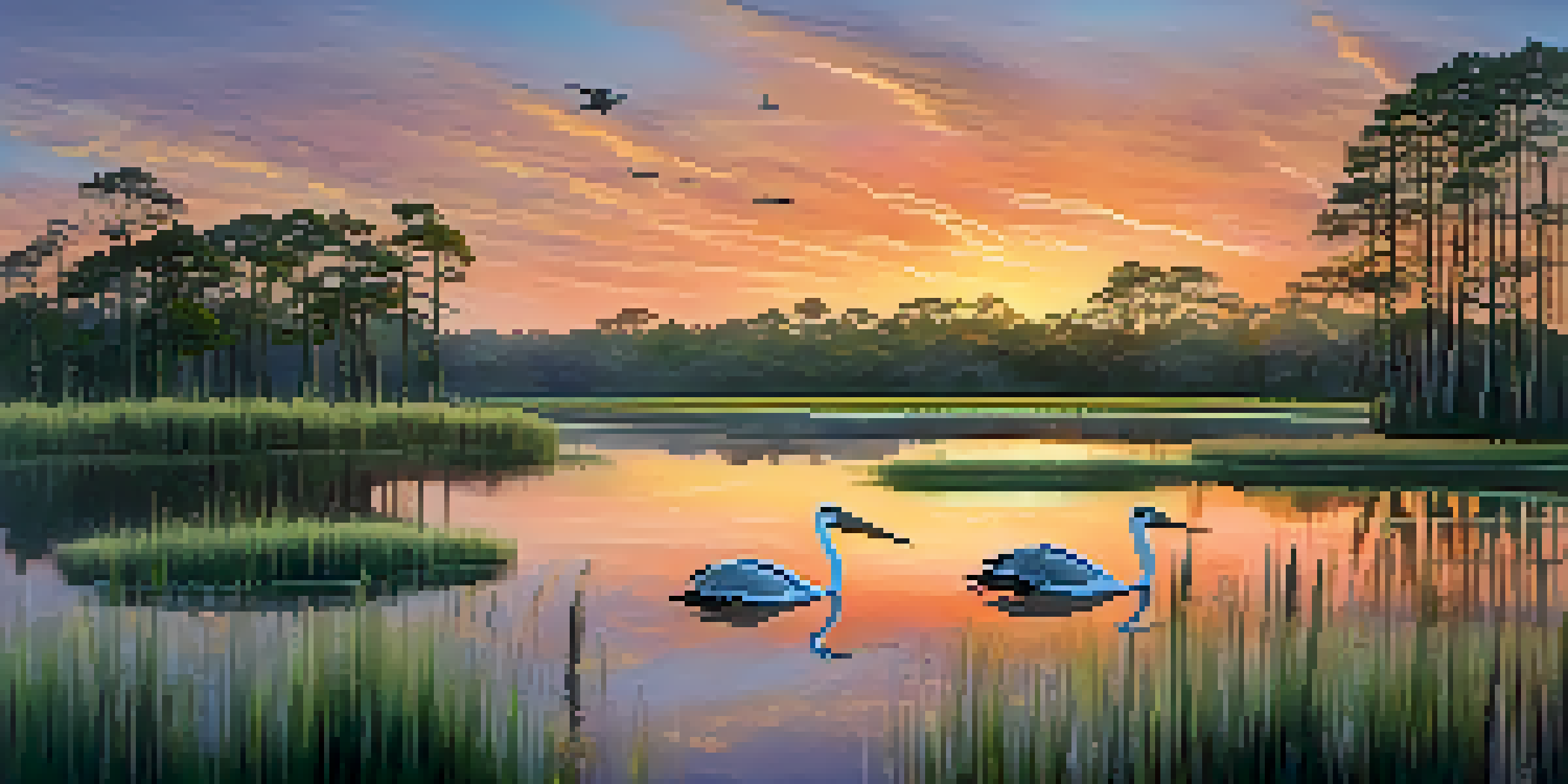 A picturesque scene of Louisiana wetlands at sunset with cypress trees and pelicans.
