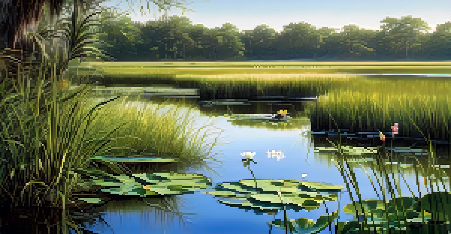 A detailed close-up of a Louisiana marsh, featuring tall grasses, water lilies, and an alligator on a log, highlighting the ecosystem's beauty.