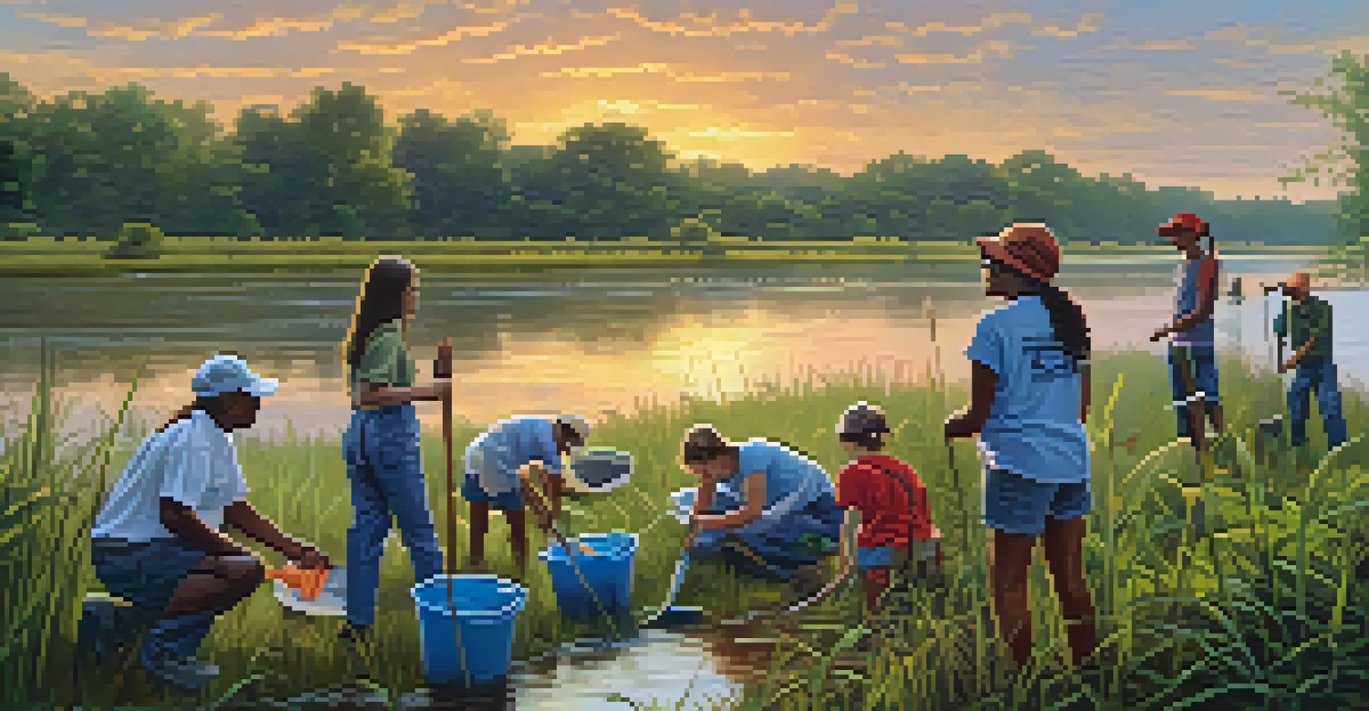 Volunteers participating in a river cleanup event in Louisiana, surrounded by wildflowers and a sunset backdrop.