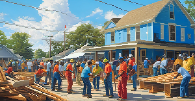 A diverse group of residents in Louisiana coming together to rebuild their community after a hurricane, with colorful banners and construction materials.