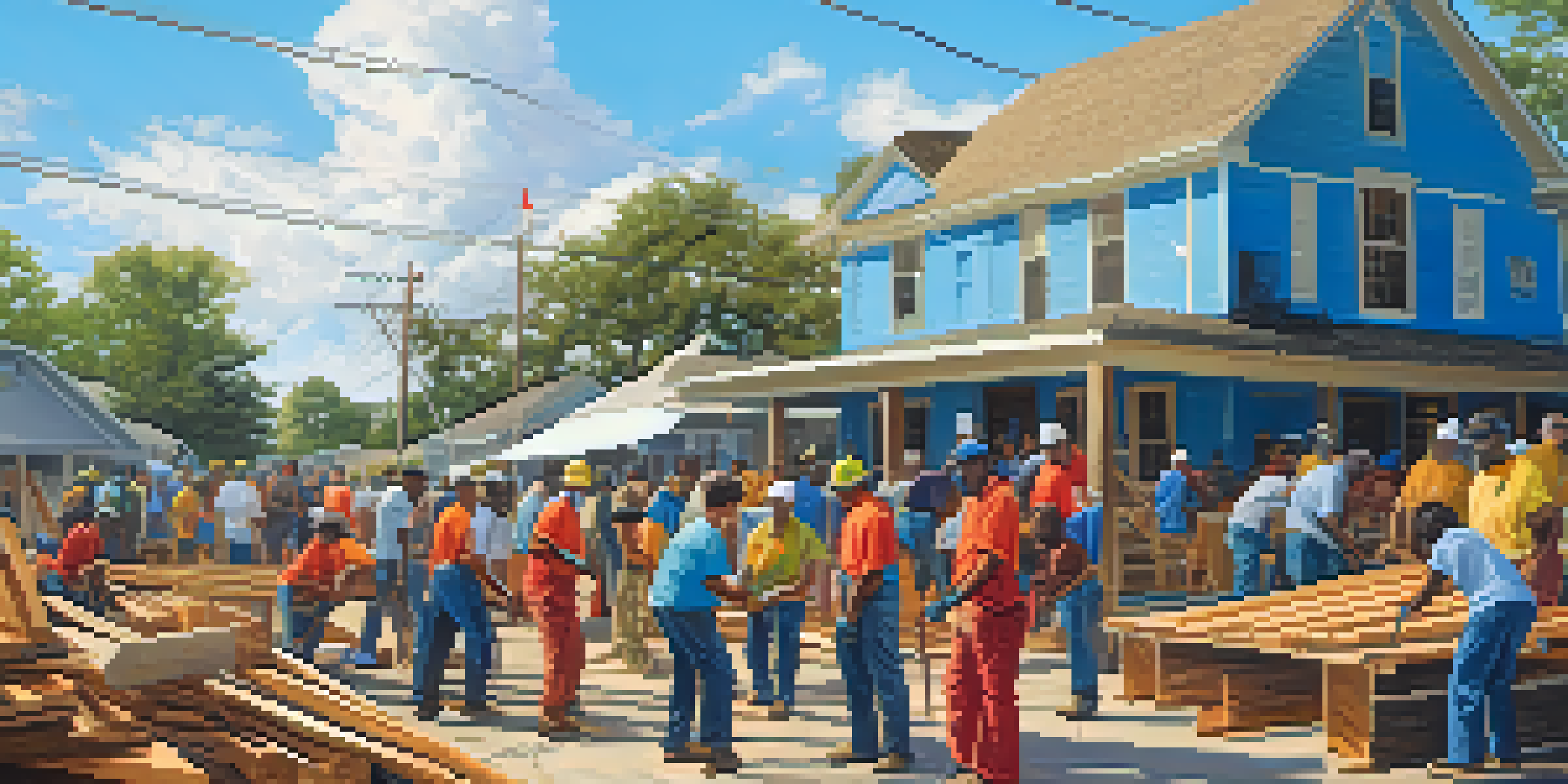 A diverse group of residents in Louisiana coming together to rebuild their community after a hurricane, with colorful banners and construction materials.