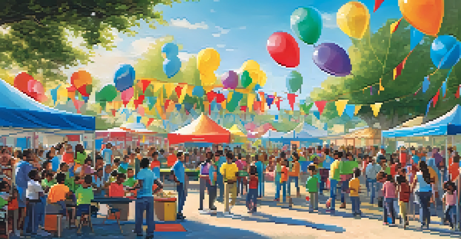 A community event with families and children participating in educational workshops, surrounded by colorful tents and a festive atmosphere.