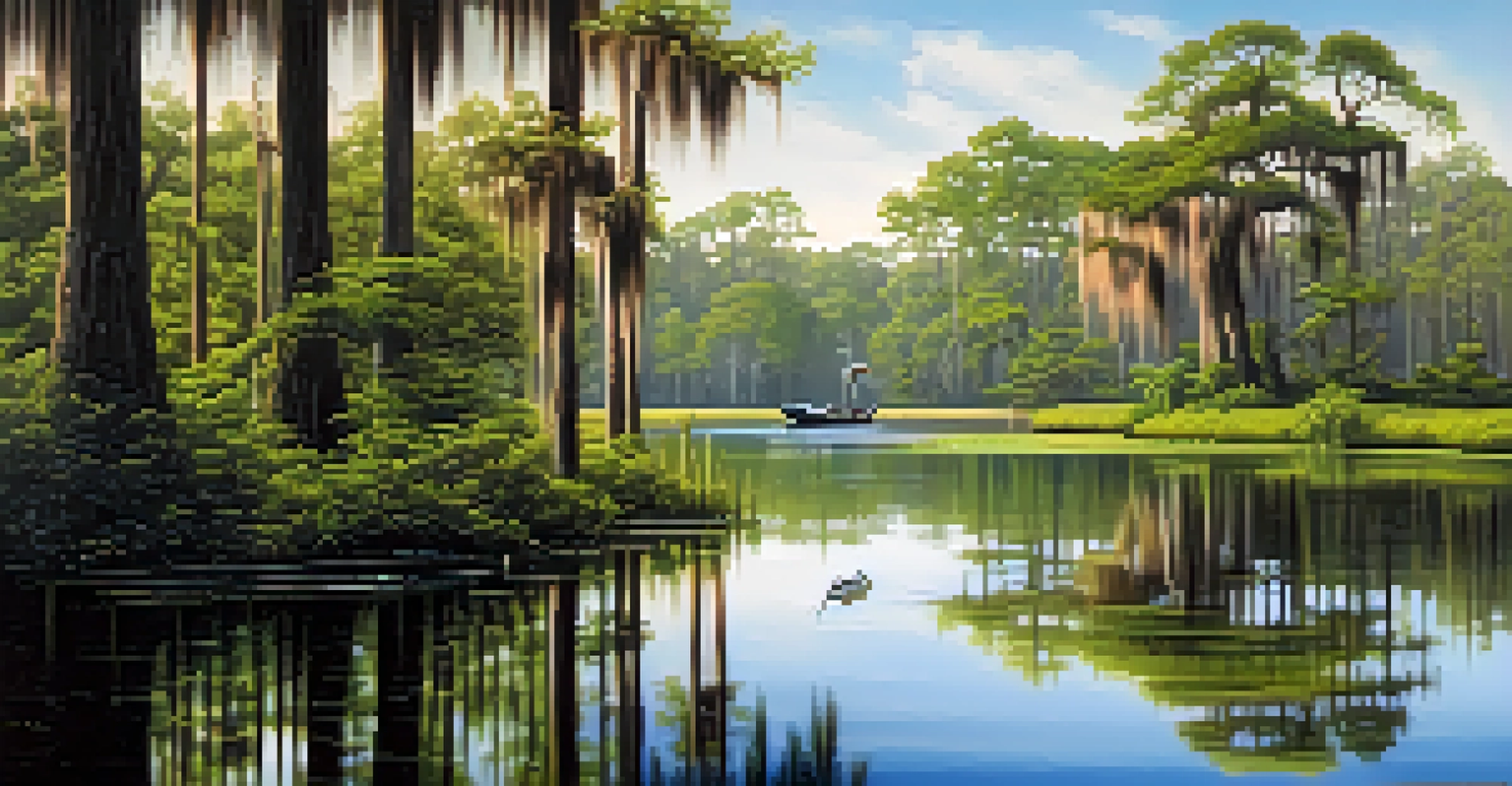 A serene Louisiana swamp with cypress trees, reflective waters, and wildlife including herons and alligators.