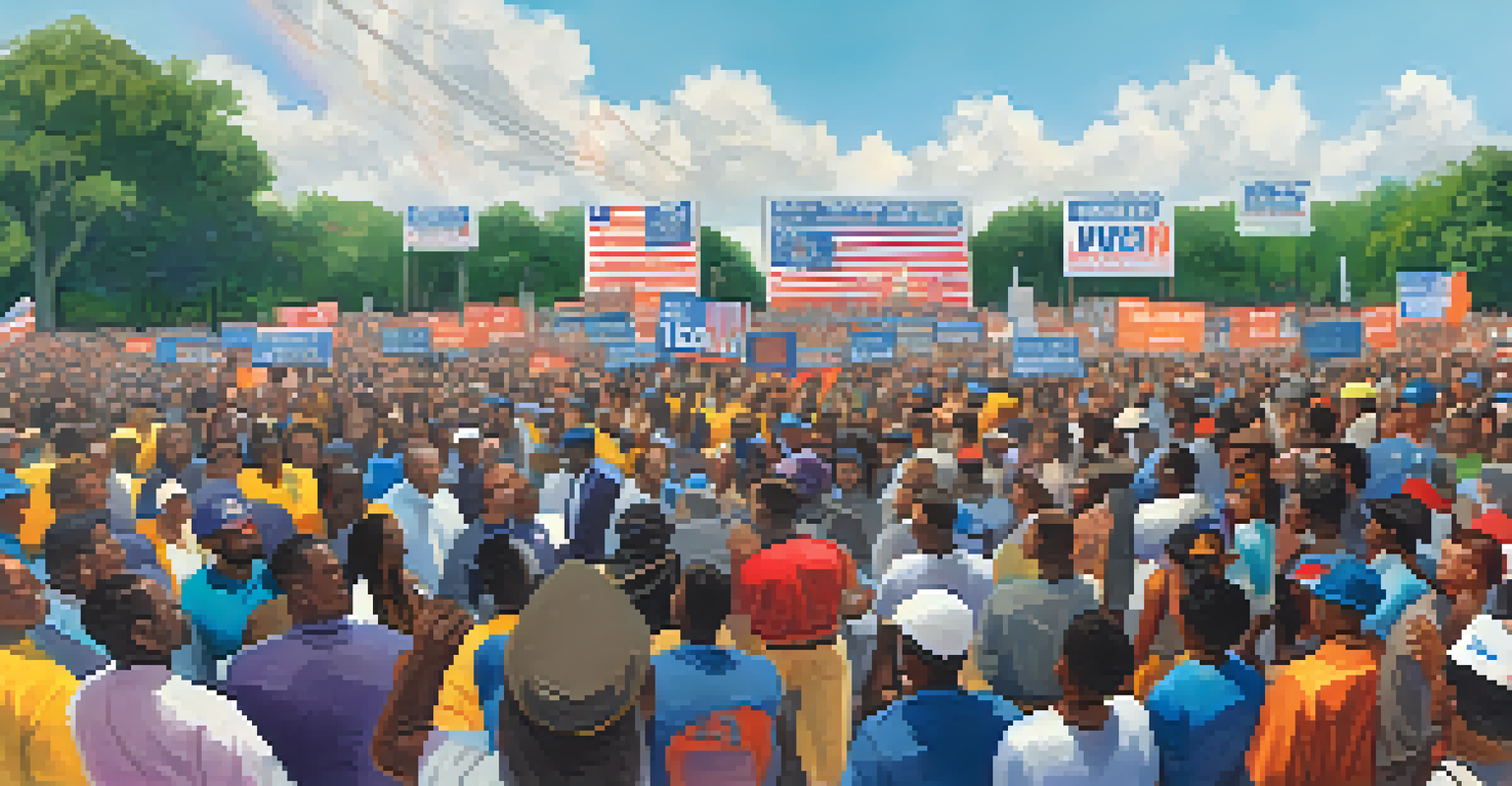 A political rally in Baton Rouge with a diverse crowd and a speaker on stage, showcasing community engagement.