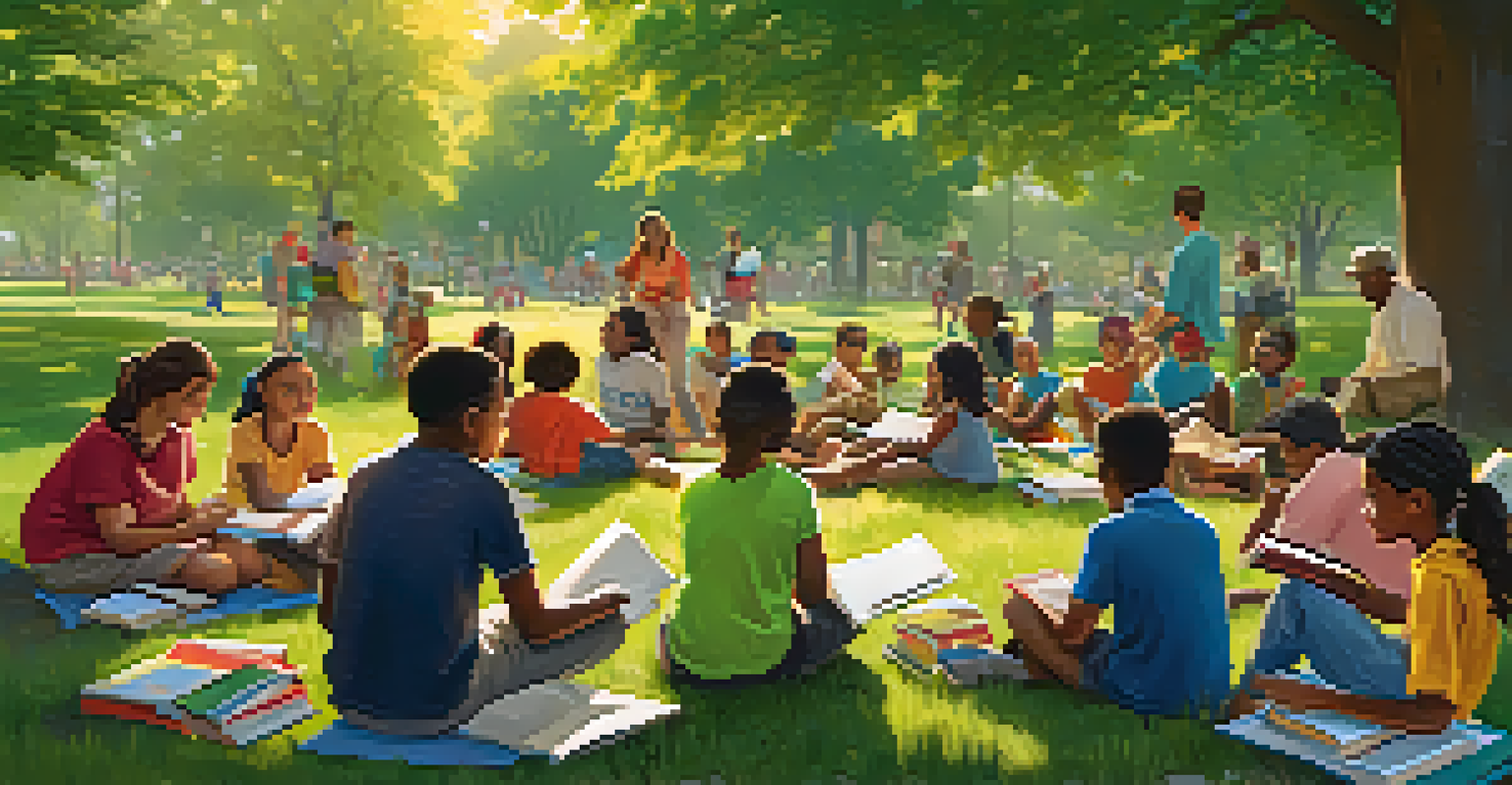 Local volunteers tutoring children in a sunny park, surrounded by green grass and colorful picnic blankets.