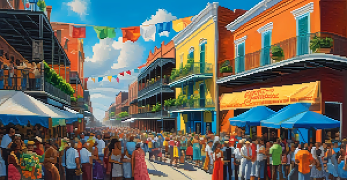 A lively street festival in New Orleans with colorful decorations, traditional attire, and historic architecture in the background.