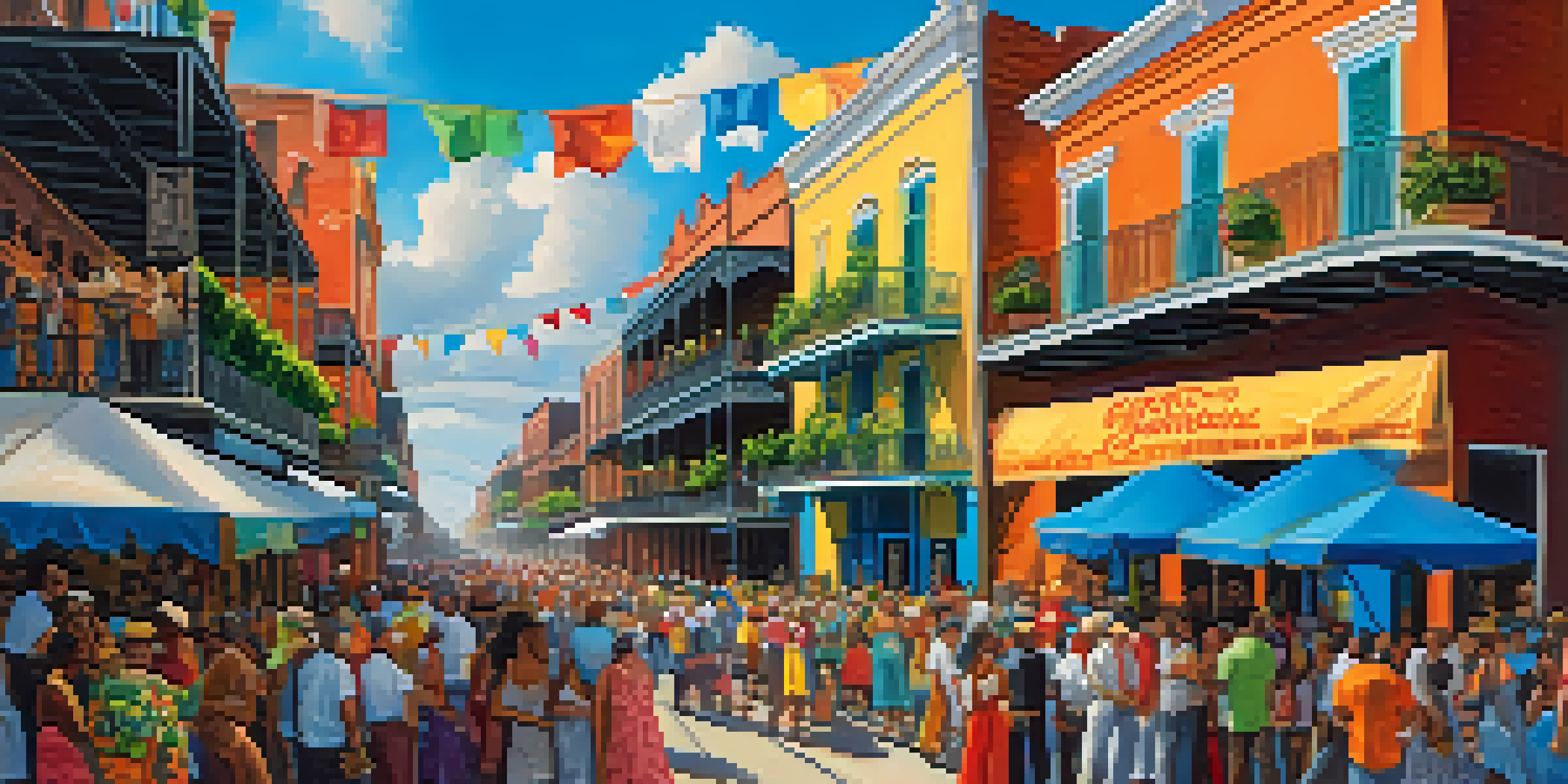 A lively street festival in New Orleans with colorful decorations, traditional attire, and historic architecture in the background.