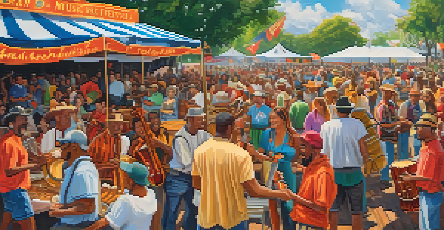 A vibrant music festival scene with local musicians on stage, a lively crowd, and food stalls offering Cajun cuisine, filled with bright banners.