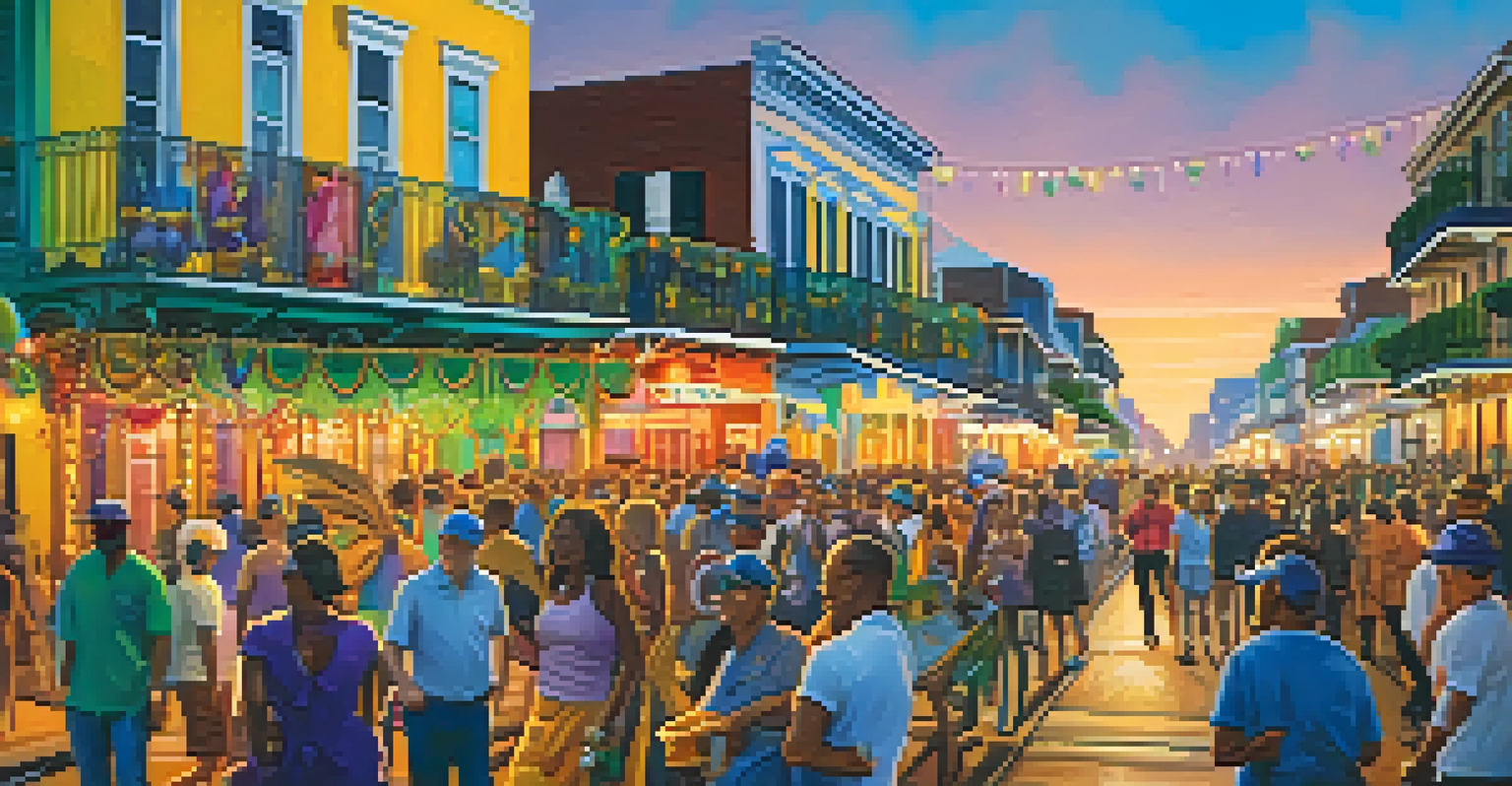 A lively street in New Orleans decorated for Mardi Gras, filled with people in colorful costumes and festive decorations.