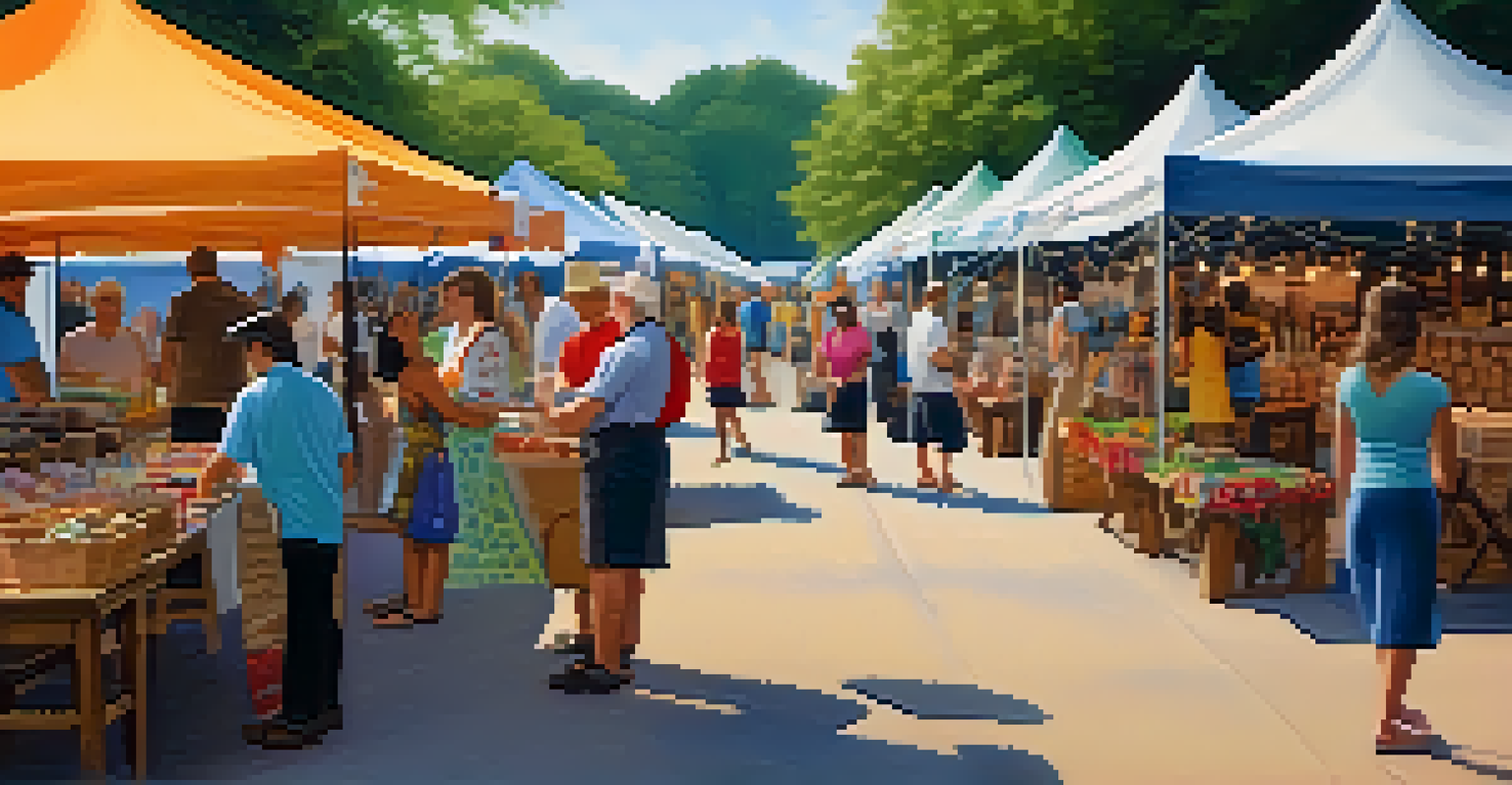 A lively outdoor market scene showcasing local artisans and traditional Louisiana food.