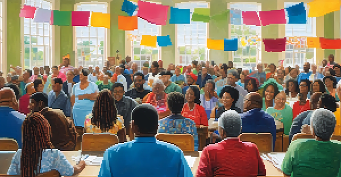 A lively town hall meeting in Louisiana with diverse citizens actively participating in discussions, colorful banners in the background, and natural light illuminating the room.