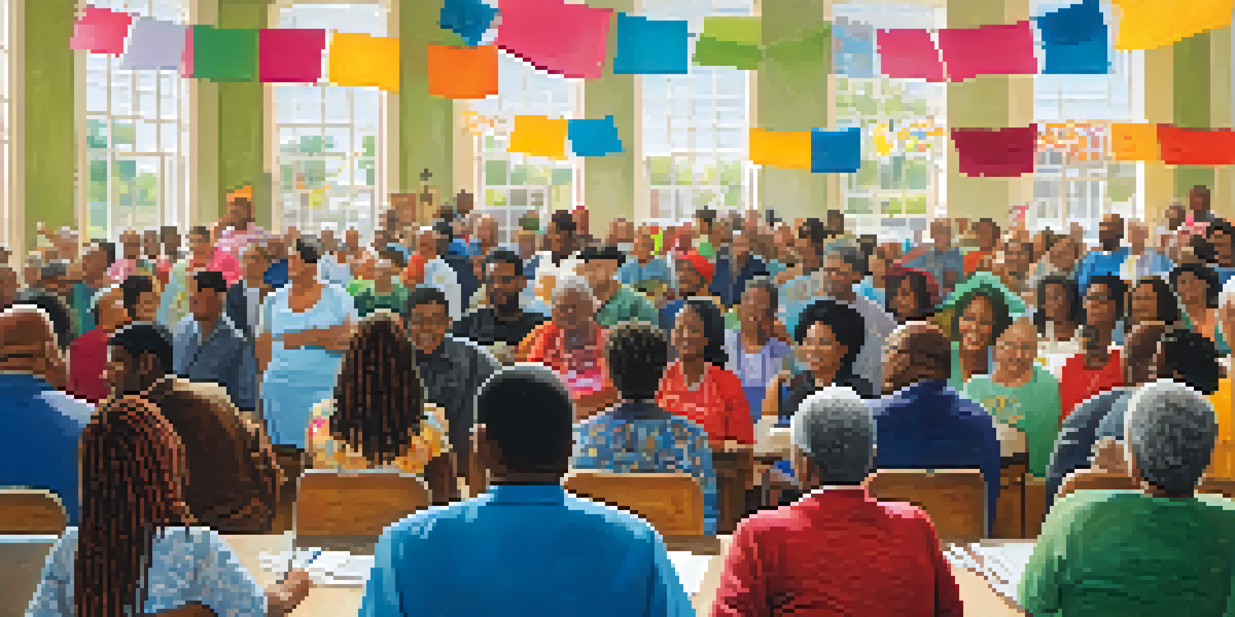 A lively town hall meeting in Louisiana with diverse citizens actively participating in discussions, colorful banners in the background, and natural light illuminating the room.