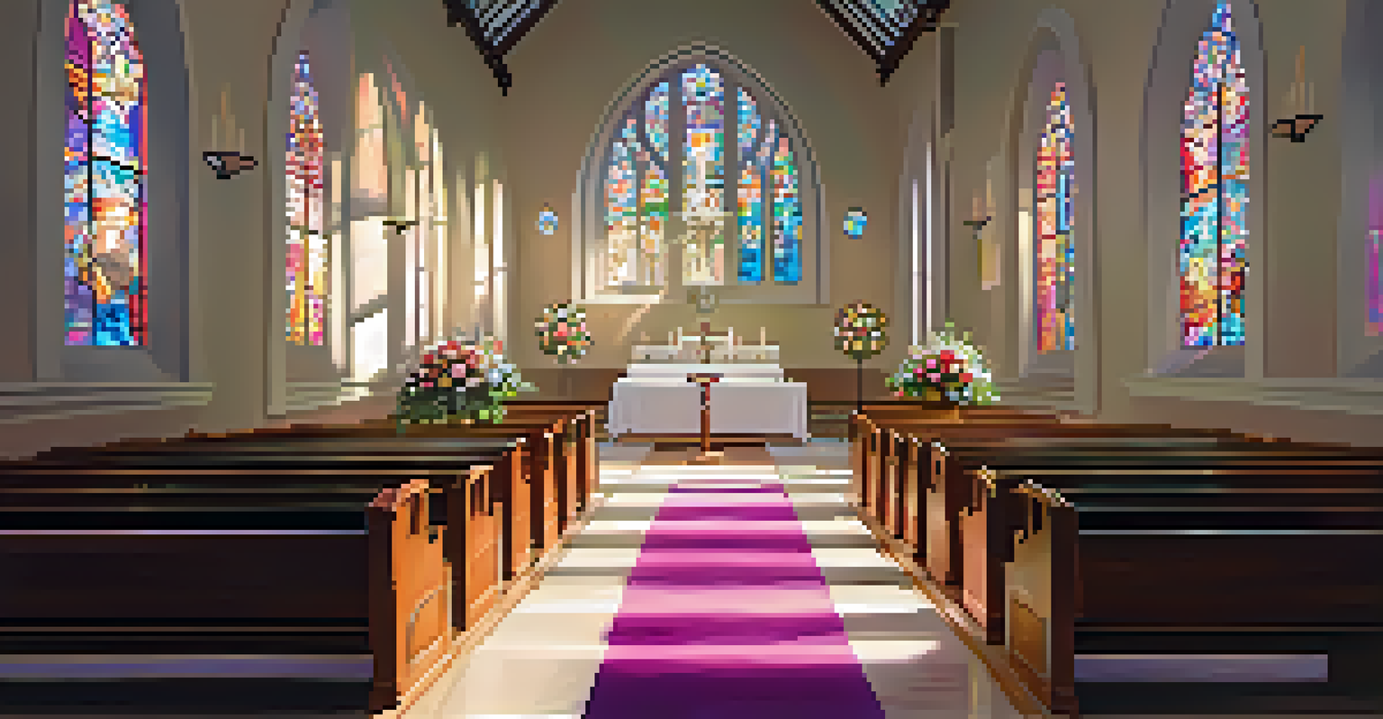 Interior of a Catholic church during a service, with stained glass windows and a peaceful congregation.