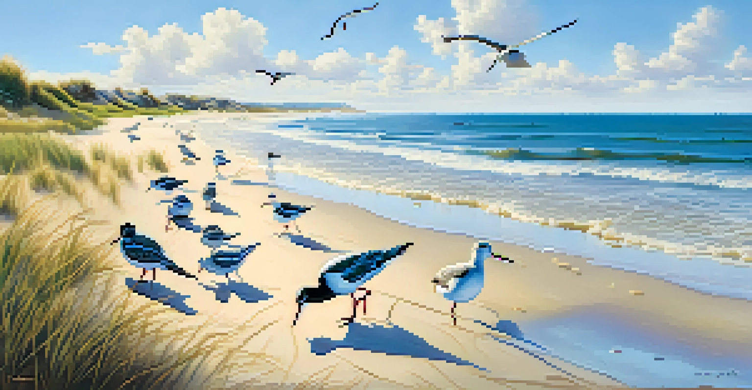 A lively coastal scene on Grand Isle with shorebirds on the beach, azure waves, and a bright blue sky.
