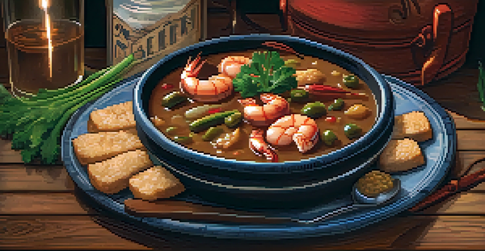 A plate of Cajun gumbo with shrimp, sausage, and okra in a rustic bowl, surrounded by Louisiana-style decor.