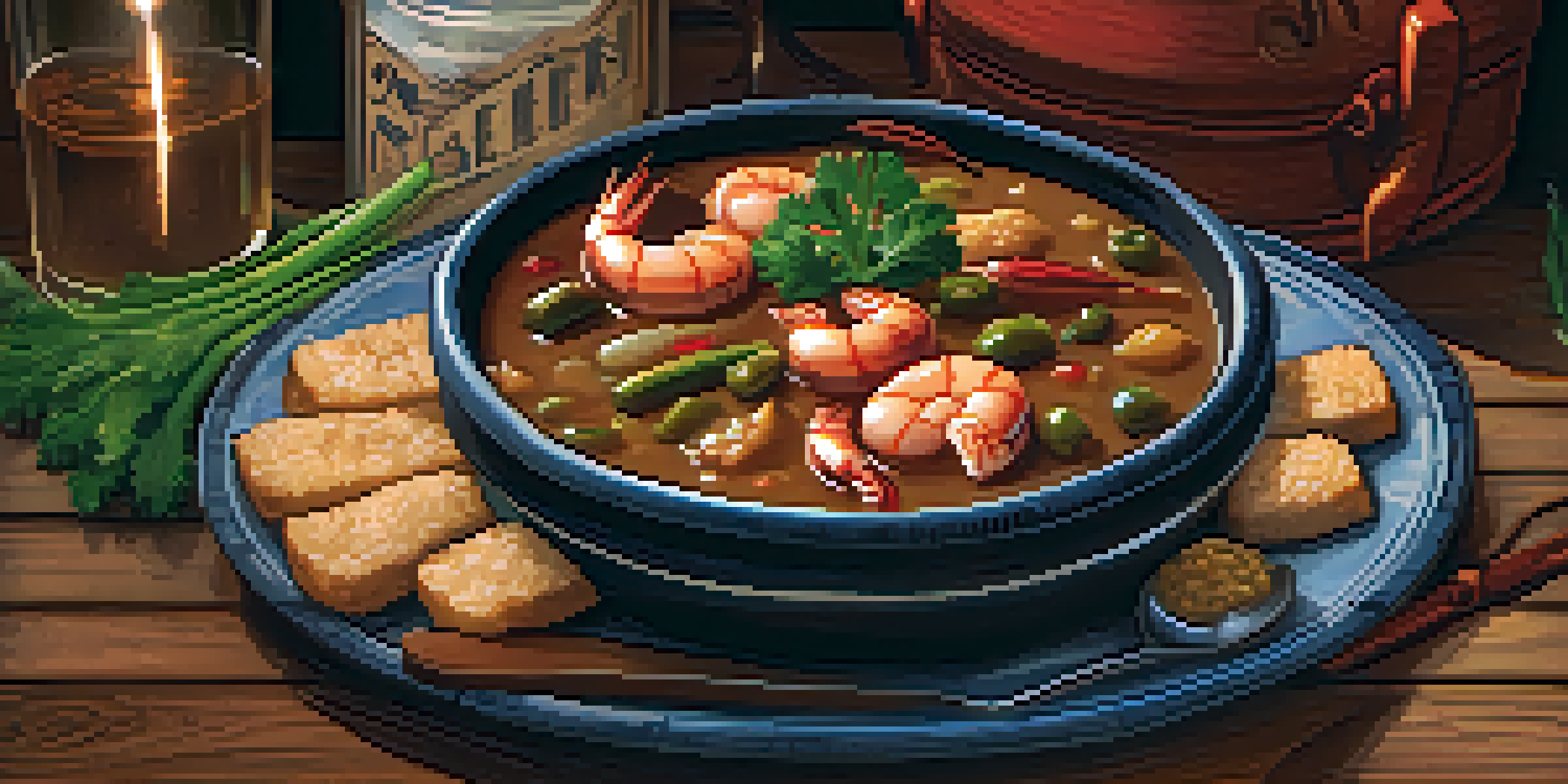 A plate of Cajun gumbo with shrimp, sausage, and okra in a rustic bowl, surrounded by Louisiana-style decor.