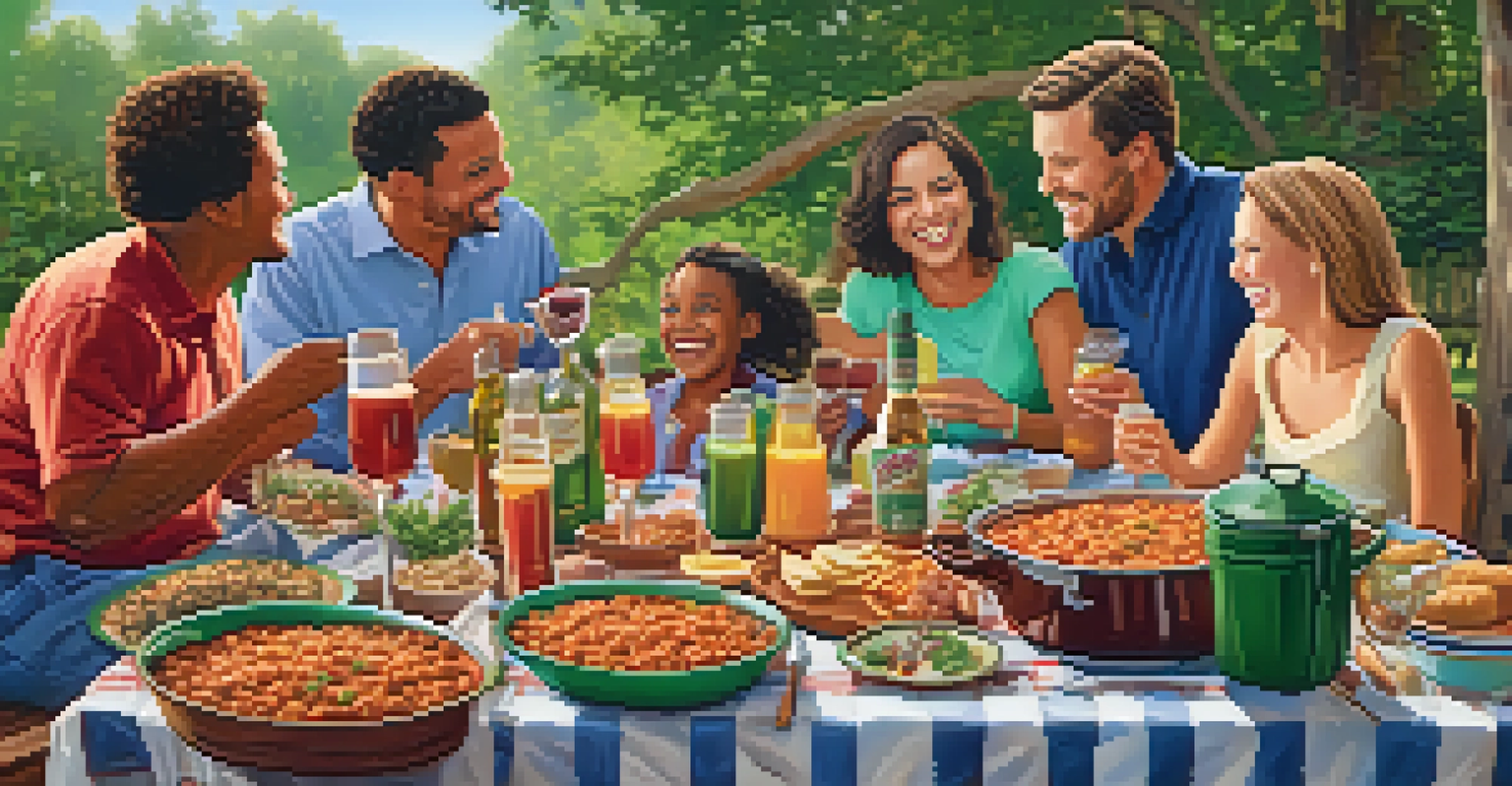 A family enjoying a picnic with a large pot of jambalaya on the table, surrounded by happy people and a green outdoor setting.
