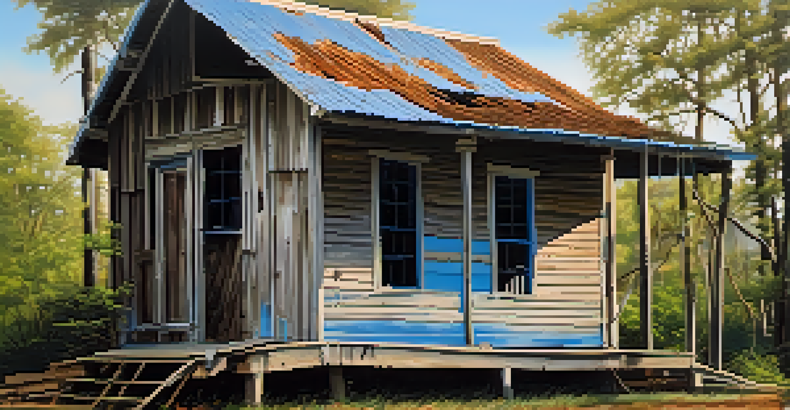 A close-up view of a weathered wooden house in Louisiana, showing signs of repair after a hurricane with sunlight filtering through trees.