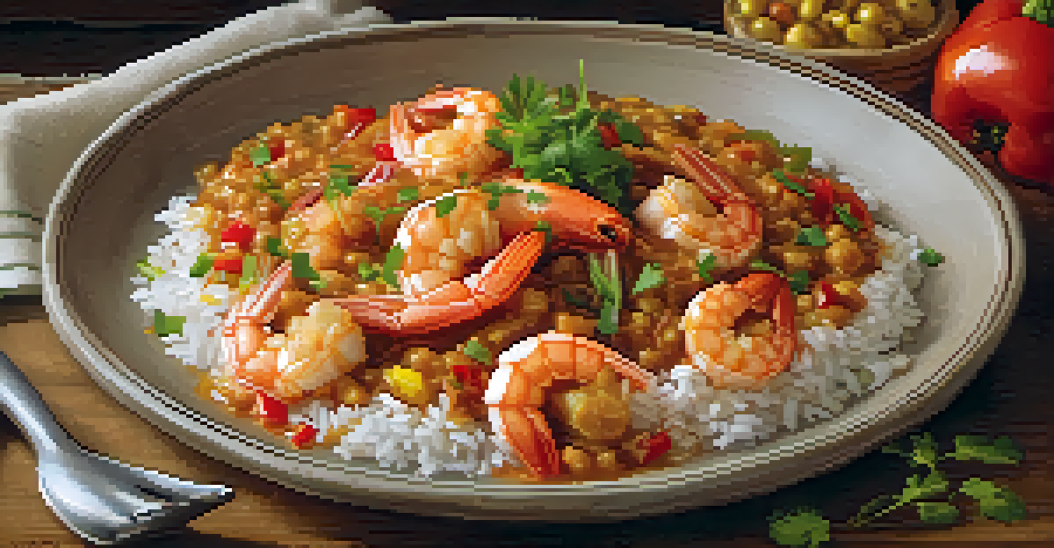 A close-up of shrimp étouffée plated elegantly with fresh herbs on a rustic wooden table.