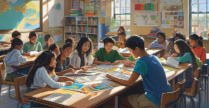 A lively classroom with diverse students working together on a project, surrounded by educational materials and warm sunlight.
