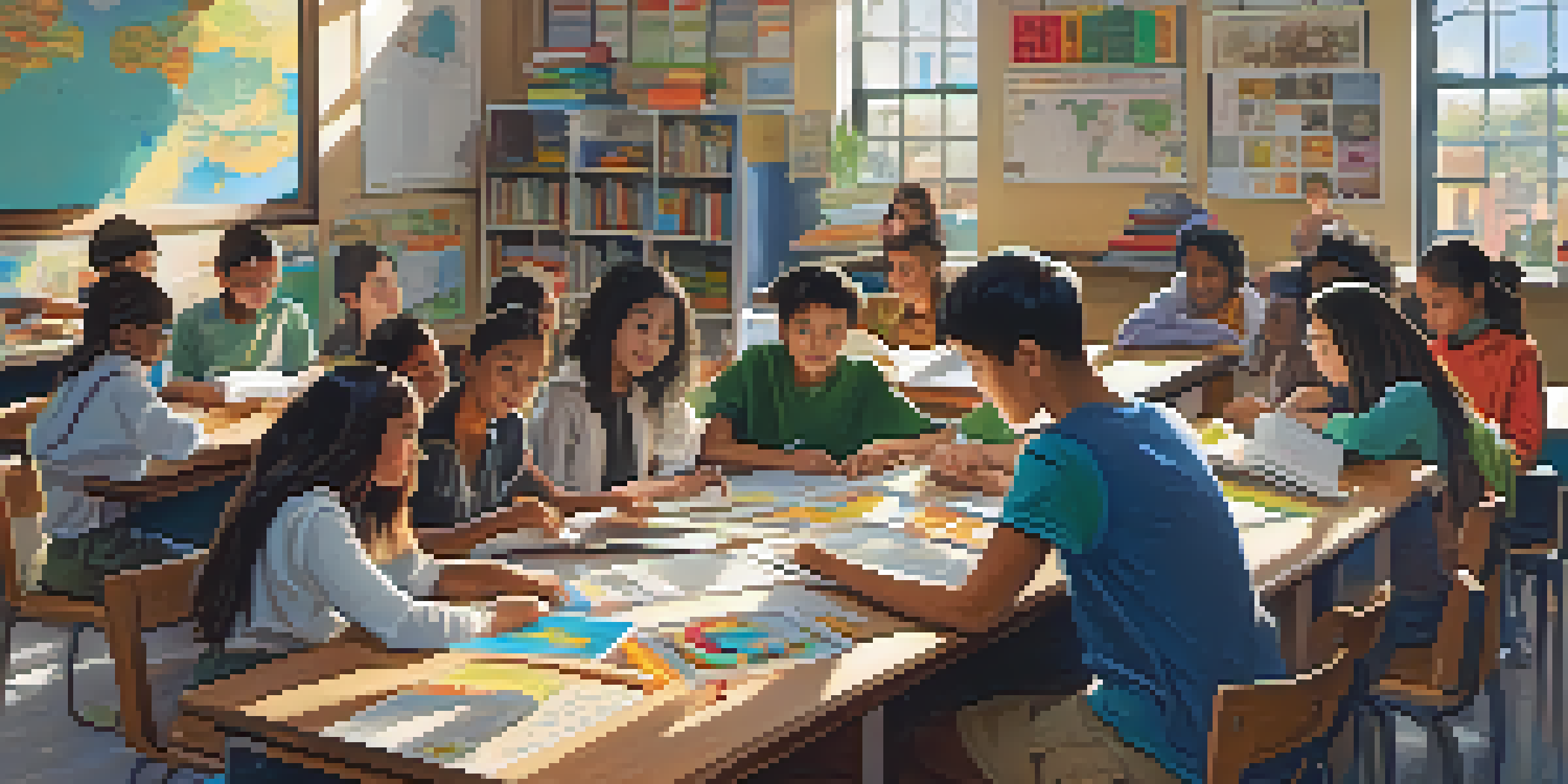 A lively classroom with diverse students working together on a project, surrounded by educational materials and warm sunlight.