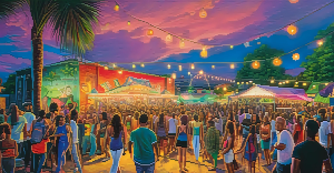 A colorful festival scene with diverse people enjoying live music, surrounded by art installations and a lively atmosphere in New Orleans.