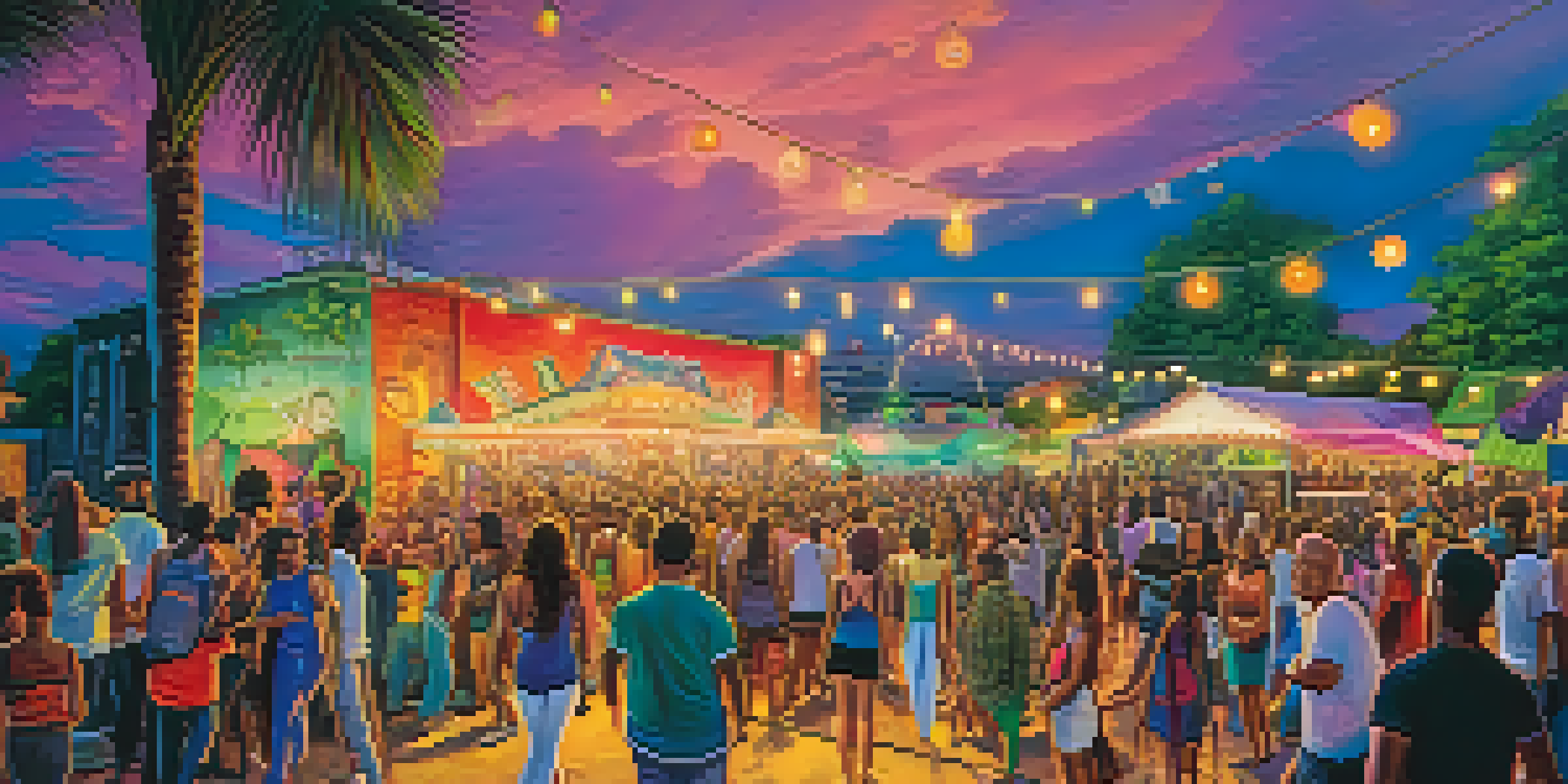 A colorful festival scene with diverse people enjoying live music, surrounded by art installations and a lively atmosphere in New Orleans.