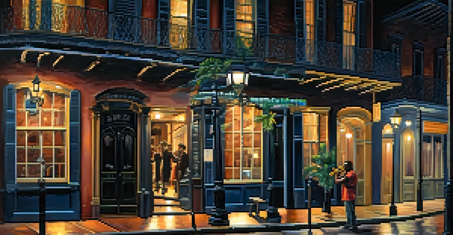 A jazz musician playing the saxophone on a dimly lit street corner in the French Quarter of New Orleans, surrounded by historic buildings.