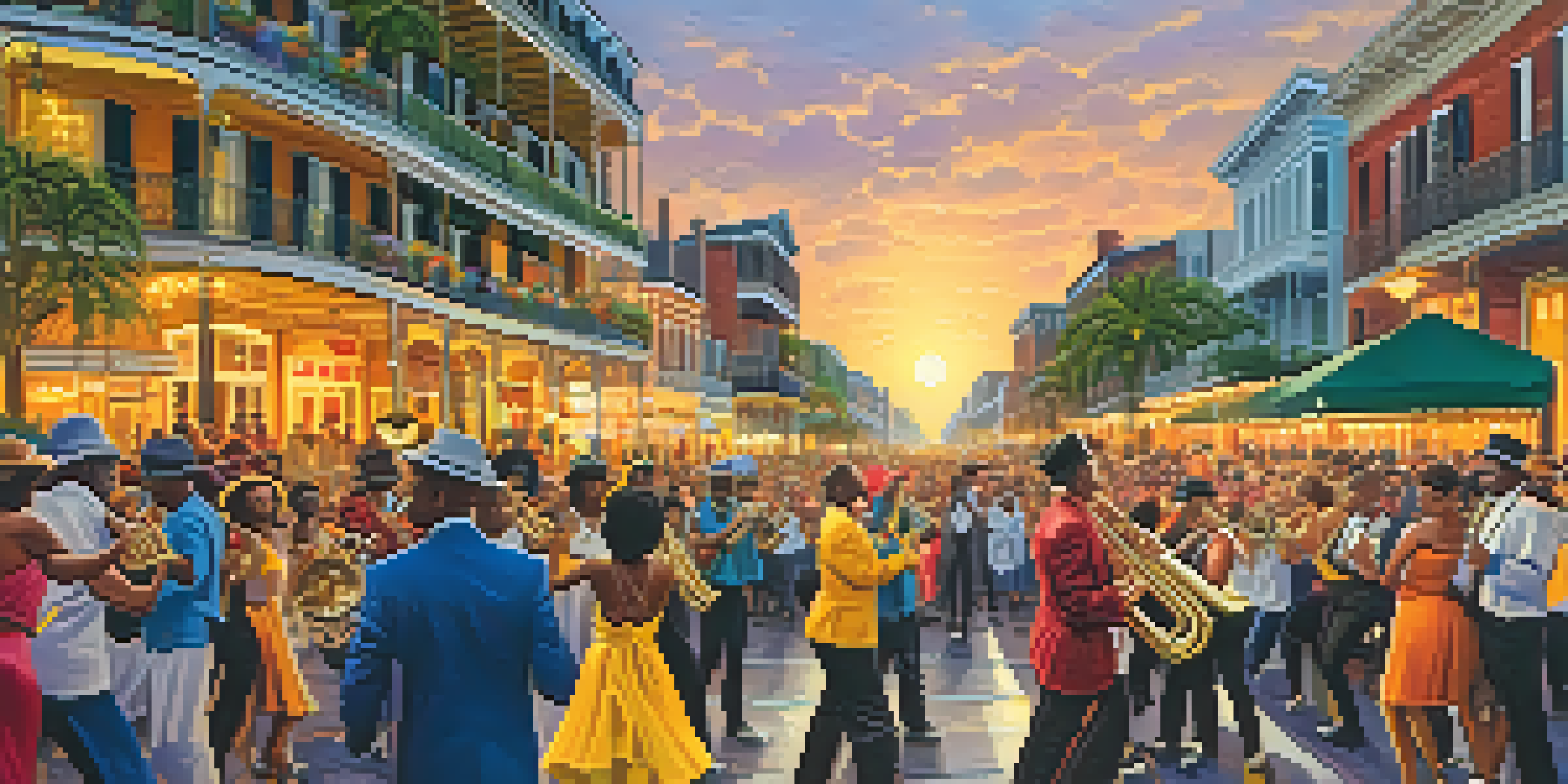 A lively jazz parade in New Orleans with musicians and dancers, set against a sunset sky.