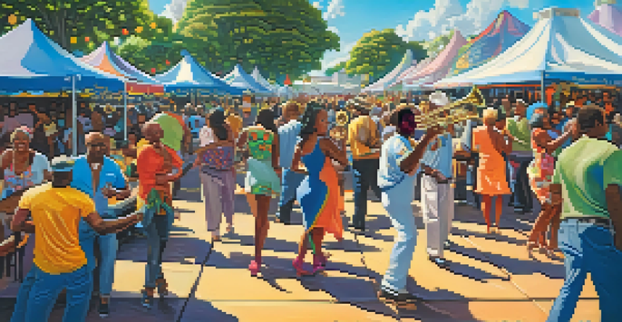 An outdoor scene at the New Orleans Jazz Fest with a lively crowd dancing, food stalls, and musicians performing on stage.