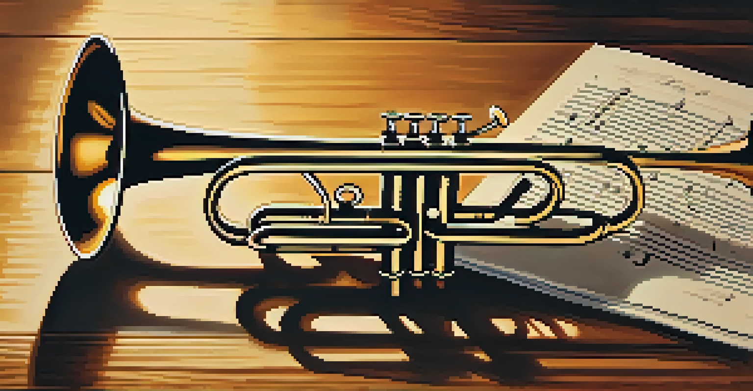 A close-up view of a vintage trumpet on a table, surrounded by sheet music, illuminated by warm light.