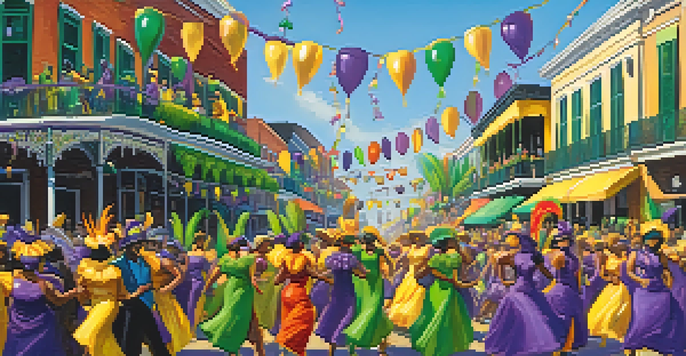 A lively Mardi Gras parade with colorful floats and participants in festive costumes dancing in the streets of New Orleans.