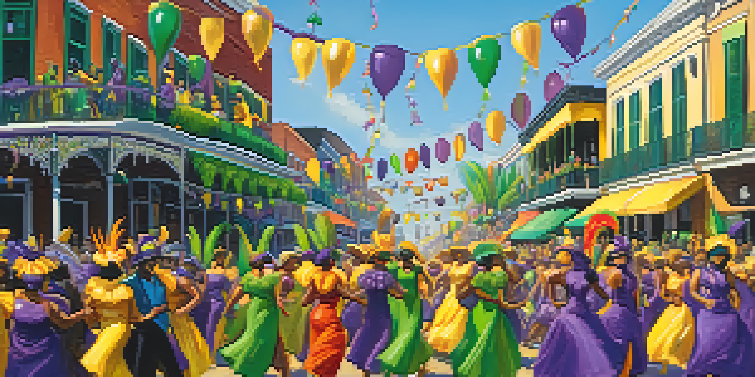 A lively Mardi Gras parade with colorful floats and participants in festive costumes dancing in the streets of New Orleans.