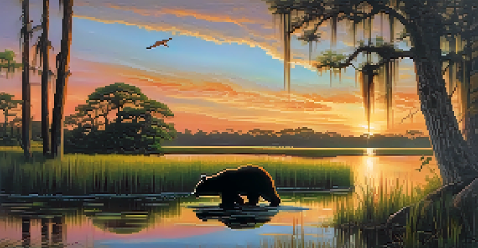 A beautiful wetland landscape in Louisiana featuring cypress trees, a calm waterway, and a Louisiana black bear, with a colorful sunset in the background.