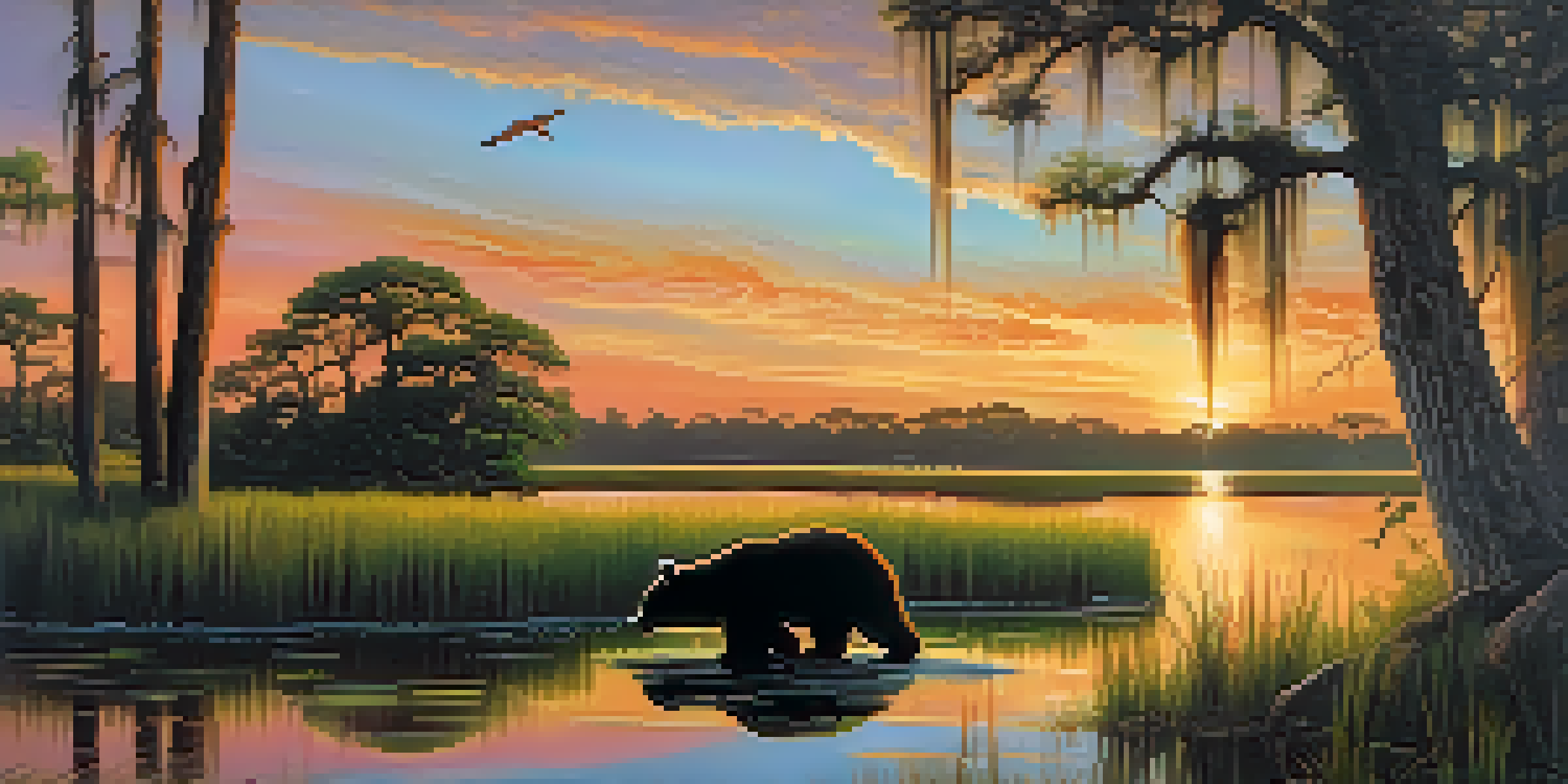 A beautiful wetland landscape in Louisiana featuring cypress trees, a calm waterway, and a Louisiana black bear, with a colorful sunset in the background.
