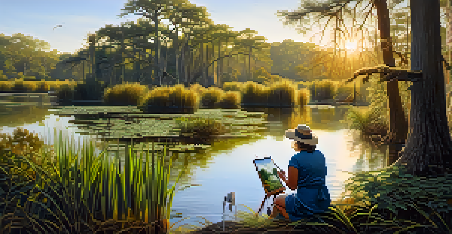 An artist painting a beautiful Louisiana swamp scene, with a heron nearby and sunlight filtering through the trees.