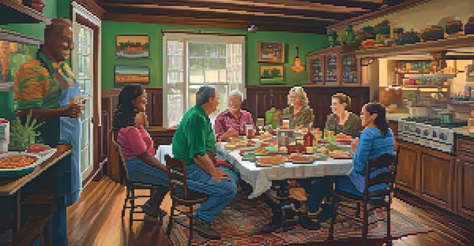 A warm family gathering in a Louisiana kitchen with Cajun dishes on the table, family members laughing and enjoying each other's company.