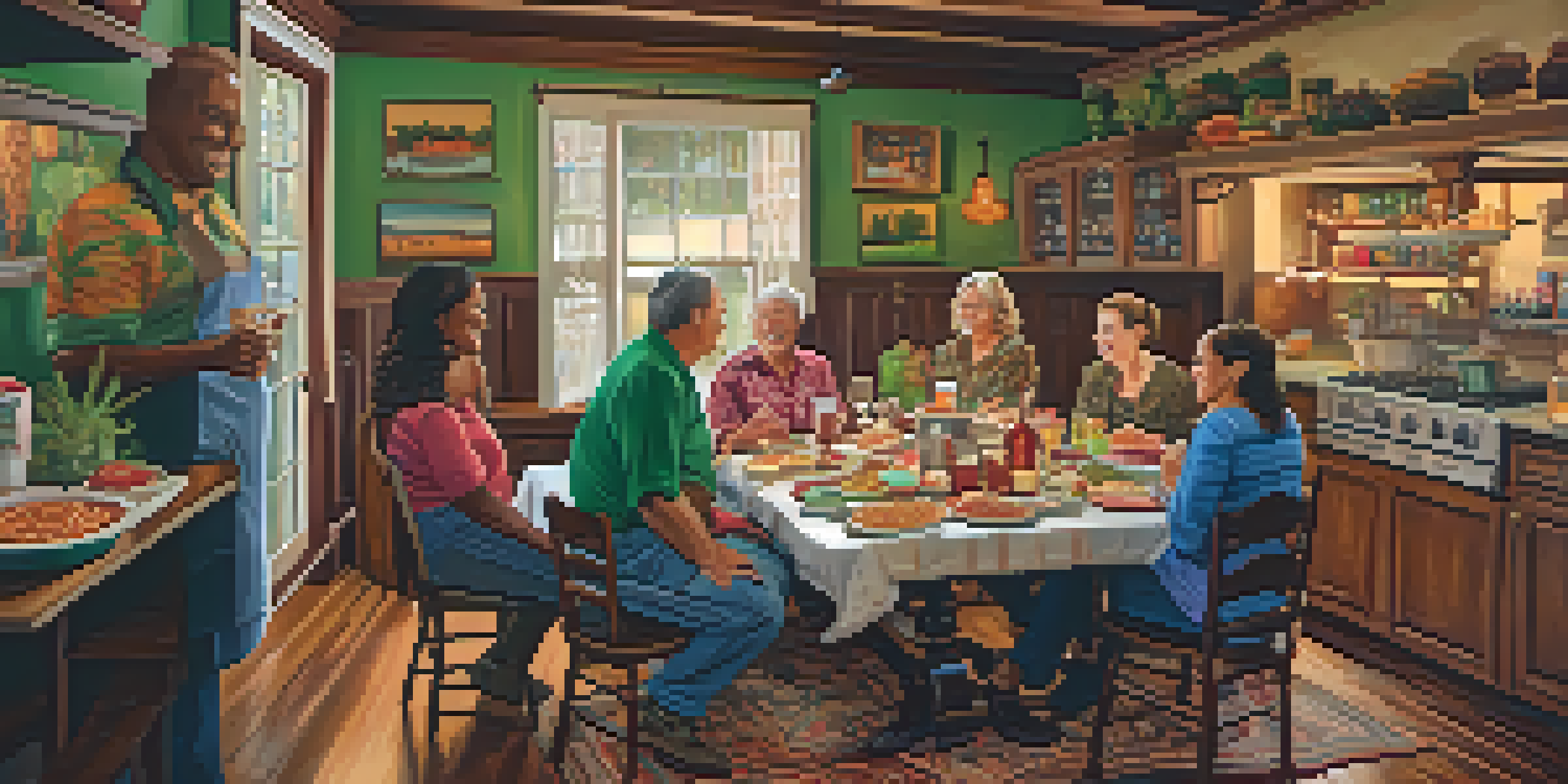 A warm family gathering in a Louisiana kitchen with Cajun dishes on the table, family members laughing and enjoying each other's company.