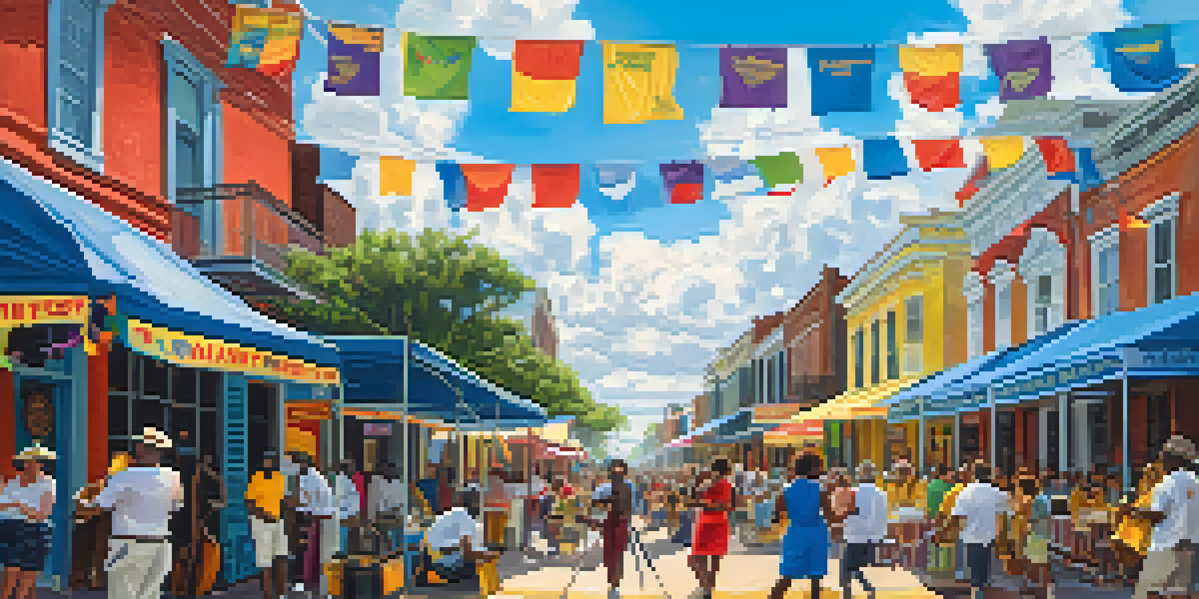 A lively street scene featuring musicians and festival-goers at Jazz Fest in New Orleans, surrounded by colorful banners and food stalls under a sunny sky.