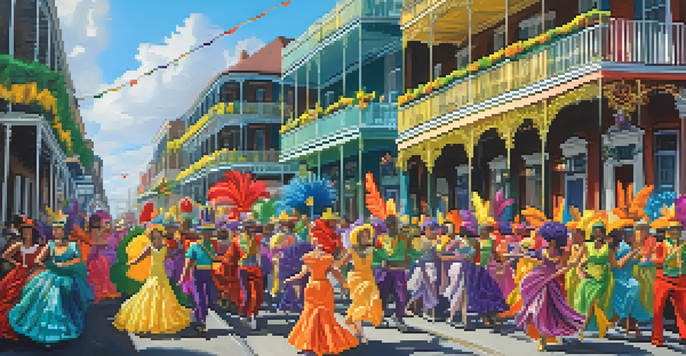 A lively Mardi Gras parade in New Orleans with colorful costumes, masks, and floats, capturing the essence of celebration and community.