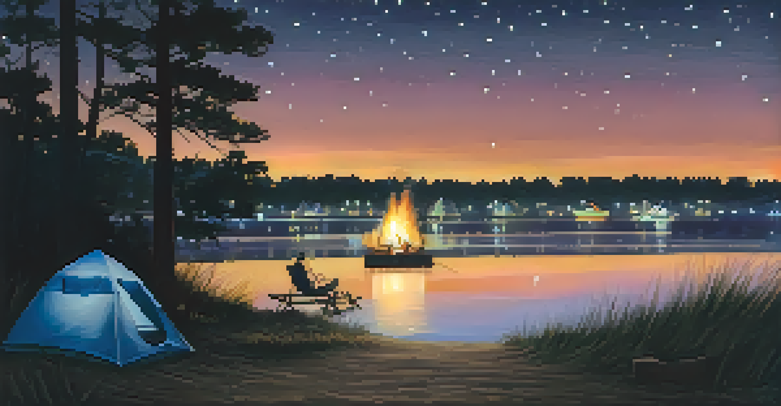 A campsite with a campfire and tents under a starry sky at Fontainebleau State Park.