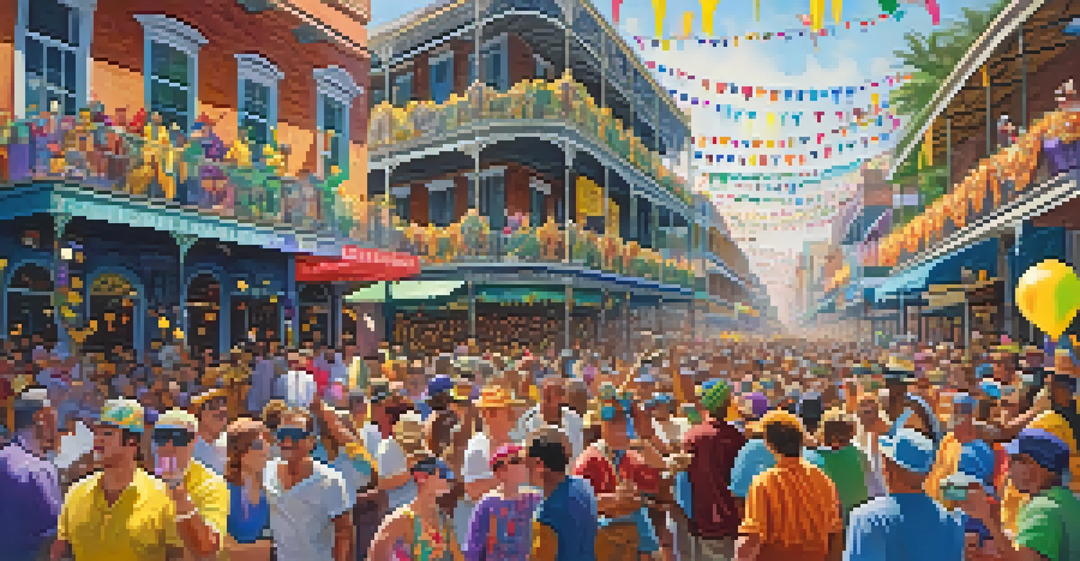 A lively Mardi Gras festival scene with colorful floats, beads, and people in costumes celebrating in New Orleans.