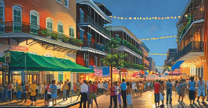 A lively festival in the French Quarter of New Orleans, with colorful banners and diverse people enjoying local cuisine under a warm sunset.