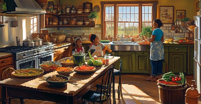 A warm and inviting Cajun kitchen with a pot of gumbo on the stove and a family gathered around the table.