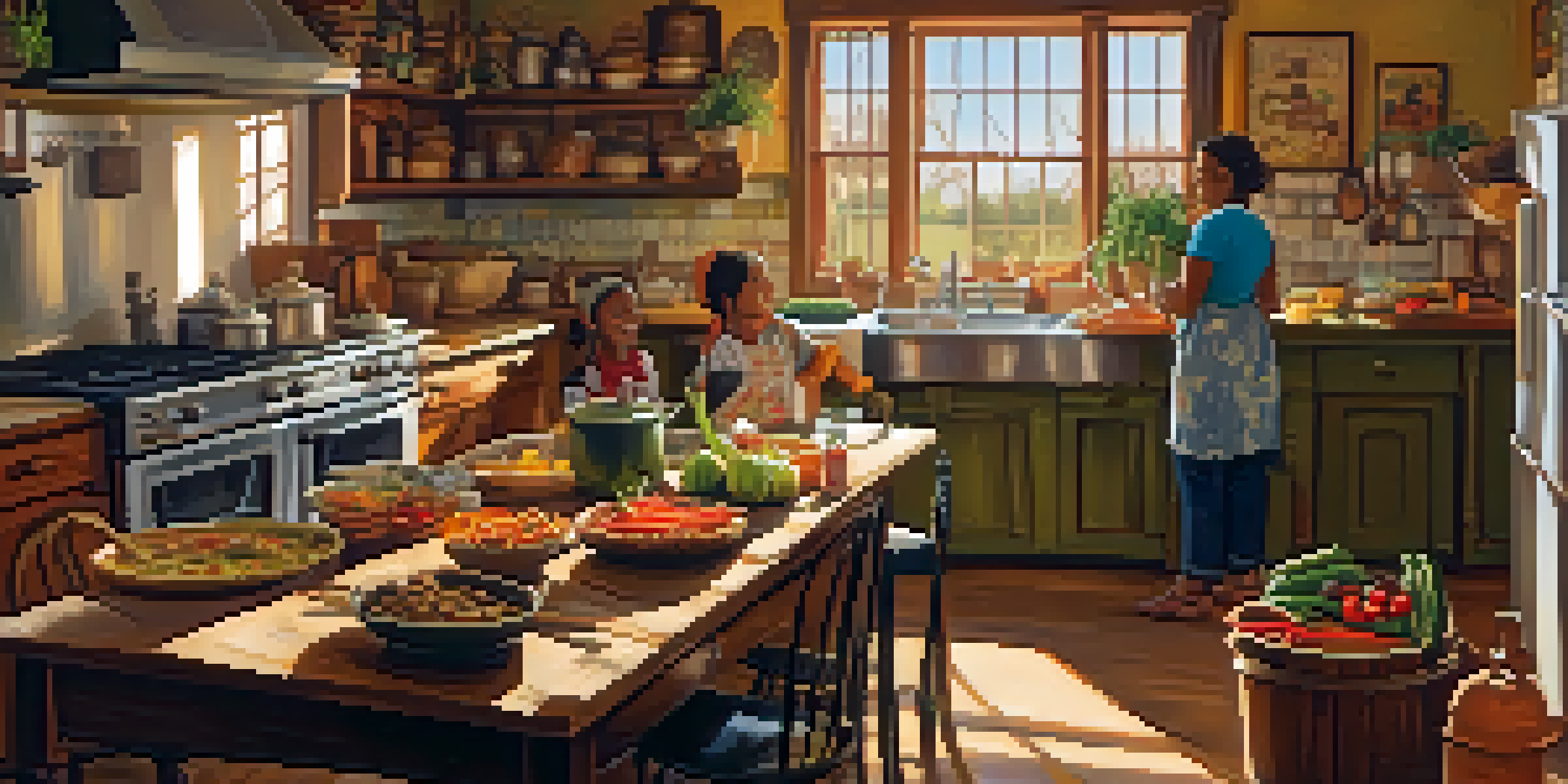 A warm and inviting Cajun kitchen with a pot of gumbo on the stove and a family gathered around the table.