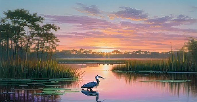 A peaceful scene of Louisiana wetlands at dawn with a heron standing in the water, surrounded by lush greenery and a colorful sky.