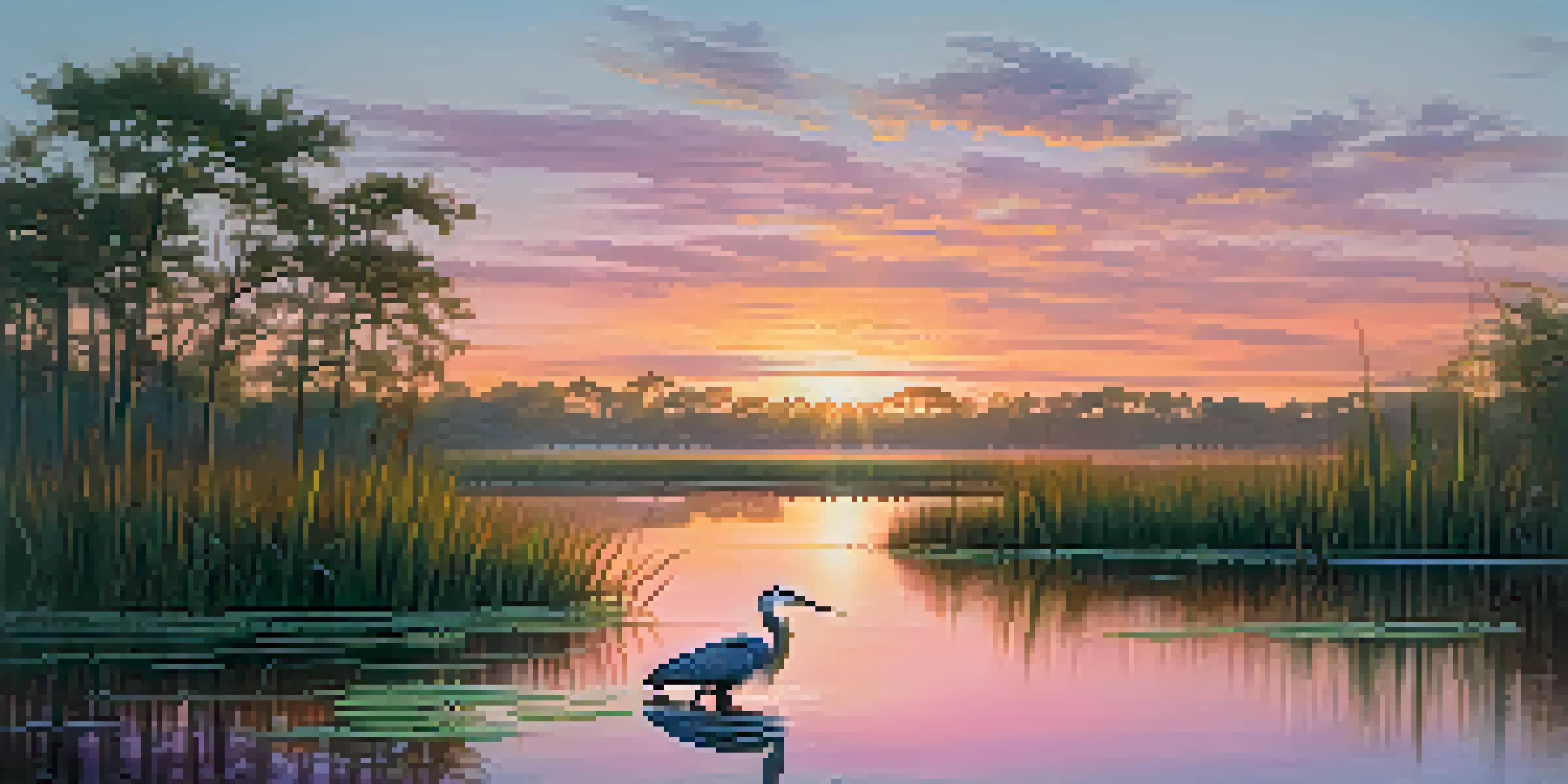 A peaceful scene of Louisiana wetlands at dawn with a heron standing in the water, surrounded by lush greenery and a colorful sky.