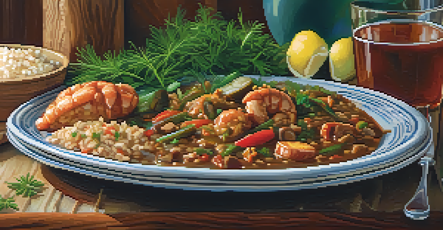 A plate of traditional Creole cuisine with gumbo and jambalaya, garnished with herbs, on a rustic wooden table illuminated by natural light.