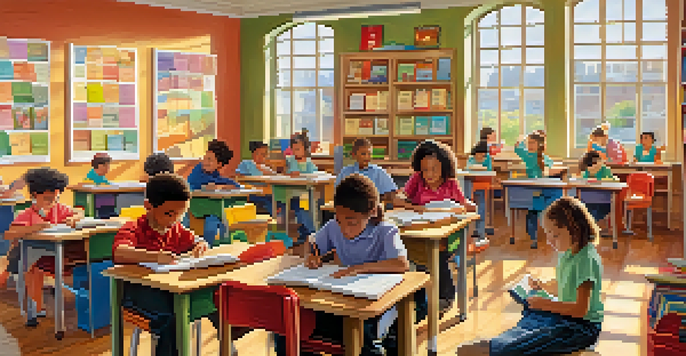 A diverse group of students in a bright classroom with a teacher, engaging in learning activities, surrounded by educational materials and sunlight.