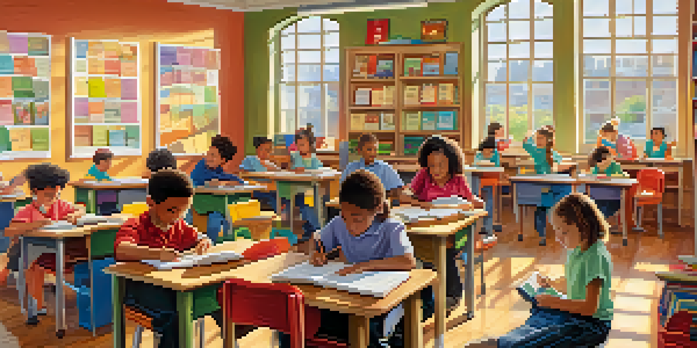 A diverse group of students in a bright classroom with a teacher, engaging in learning activities, surrounded by educational materials and sunlight.